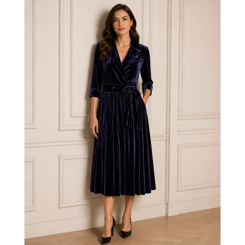 Maryling Navy Blue Velvet Wrap Dress Pleat A-Line Belt Half Sleeve Italy Classic